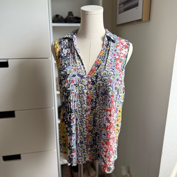 Anthropologie Maeve Colorful Whimsical Pintucked Sleeveless Blouse Size Small - Picture 4 of 11